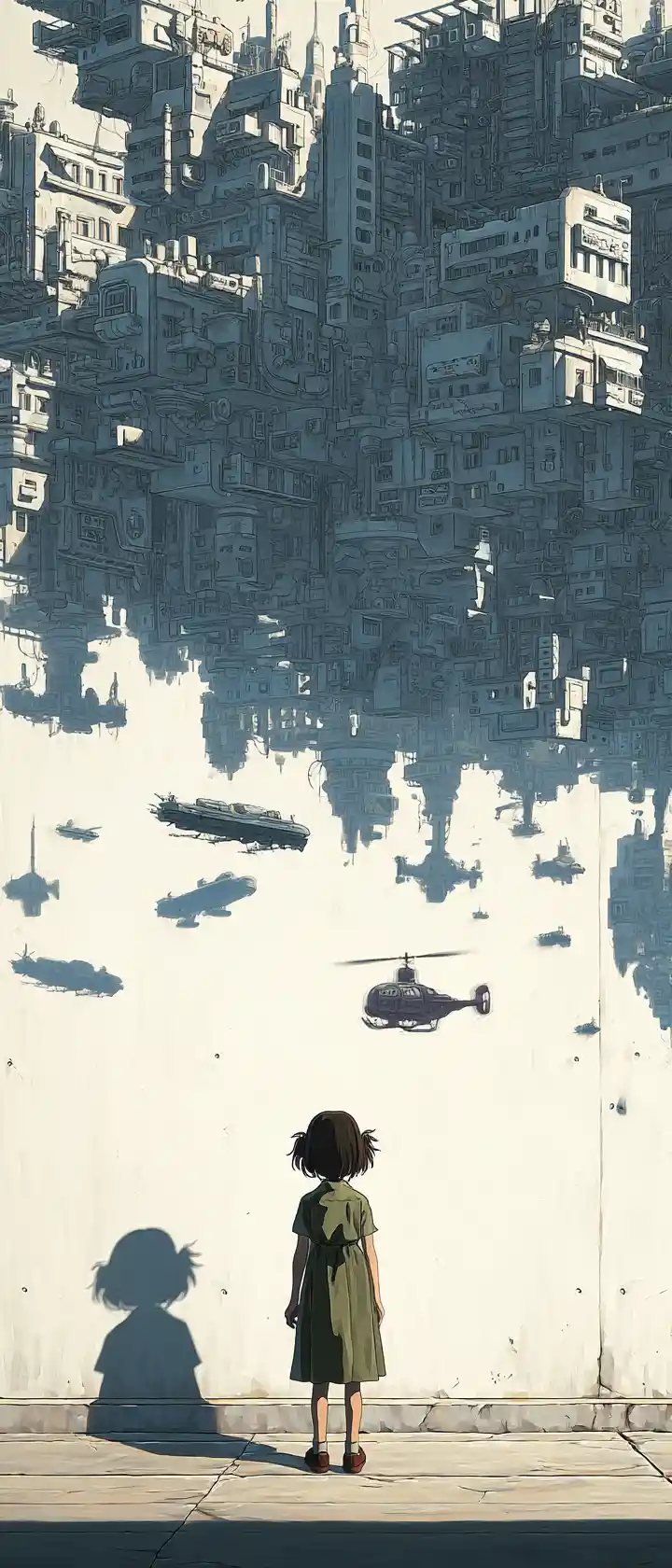 Joyful anime child casting a bustling city shadow