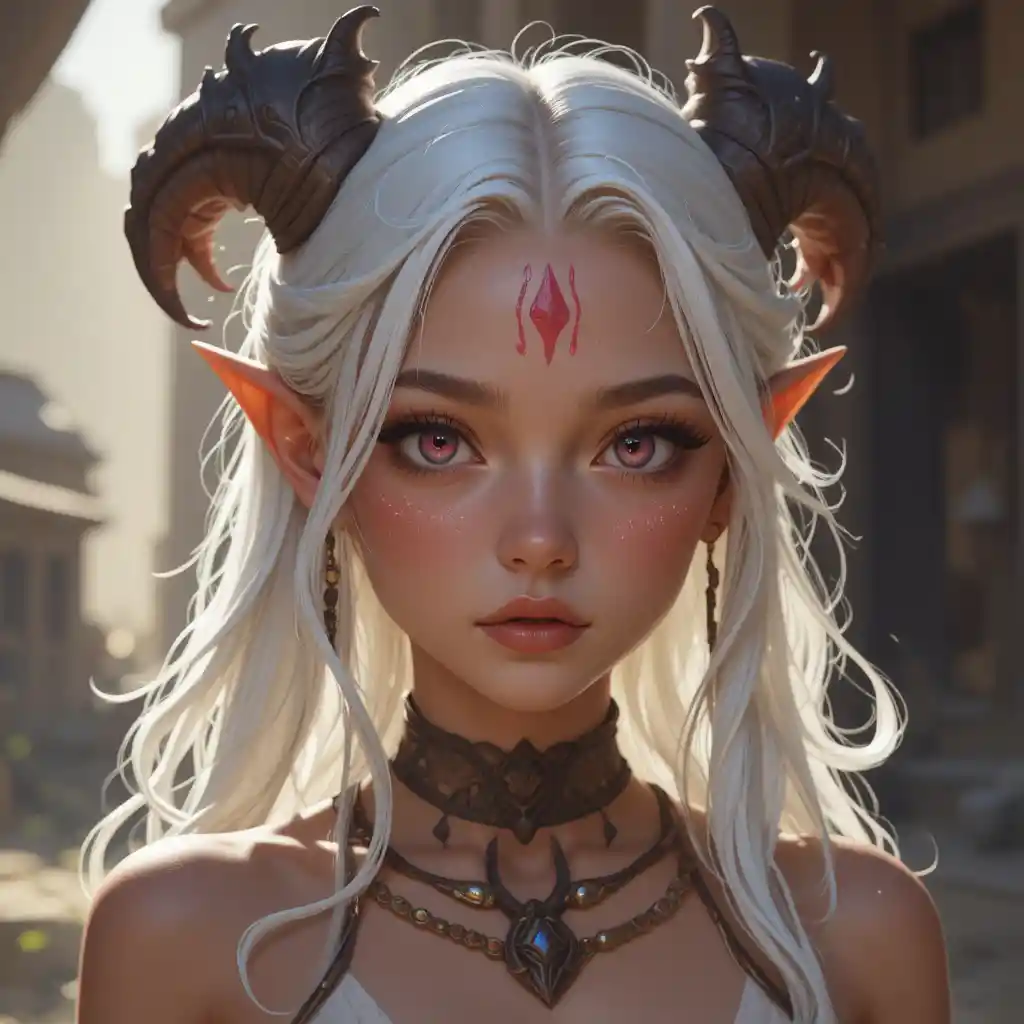Young anime warrior succubus girl with white hair and horns