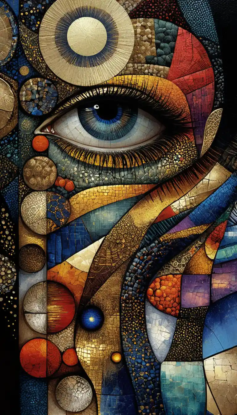 Surreal abstract painting of a central eye with textured patterns