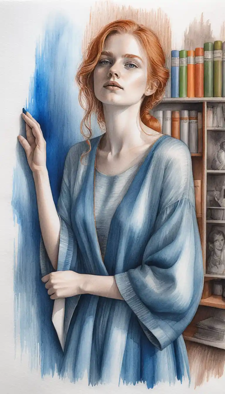 Elegant woman in blue silk robe colored pencil portrait