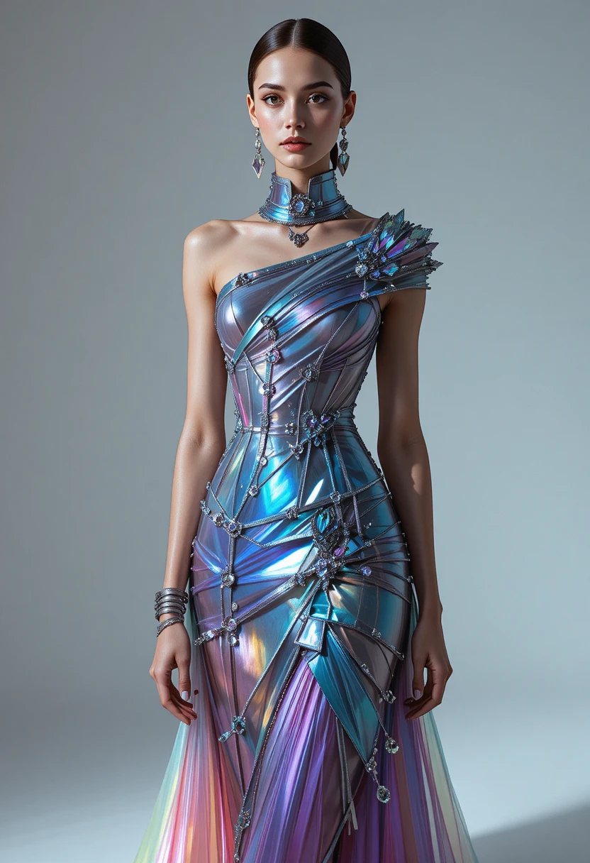 Futuristic fashion illustration of a woman in optical gown