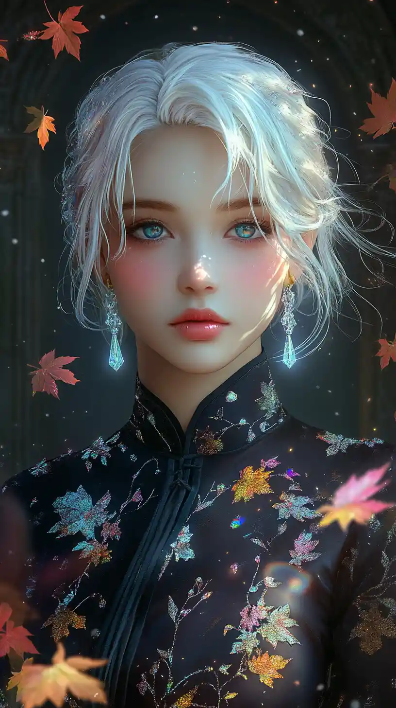 Silver haired anime girl in crystal maple leaf doorway