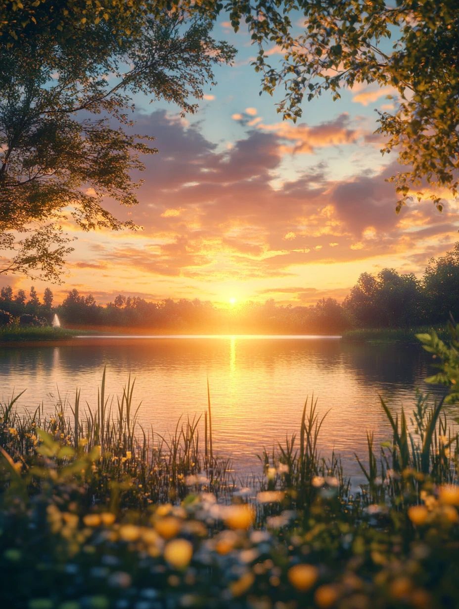 Serene sunset glowing over a peaceful reflective lake