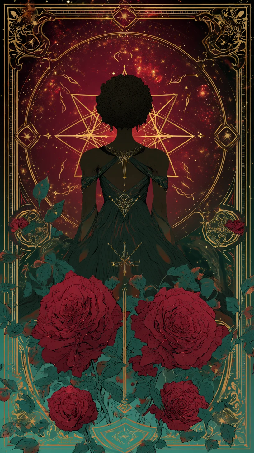 Afrofuturist tarot card with regal abstract ebony woman