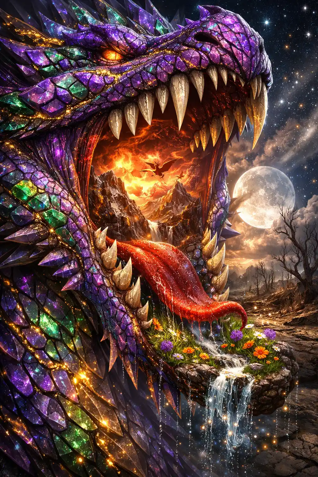 Schillernder Edelstein-Drache, der unter mondbeschienenem Himmel brüllt