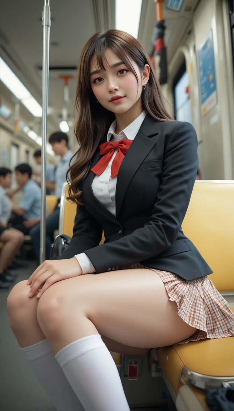 정오에 기차 좌석에 앉아 있는 일본 여고생