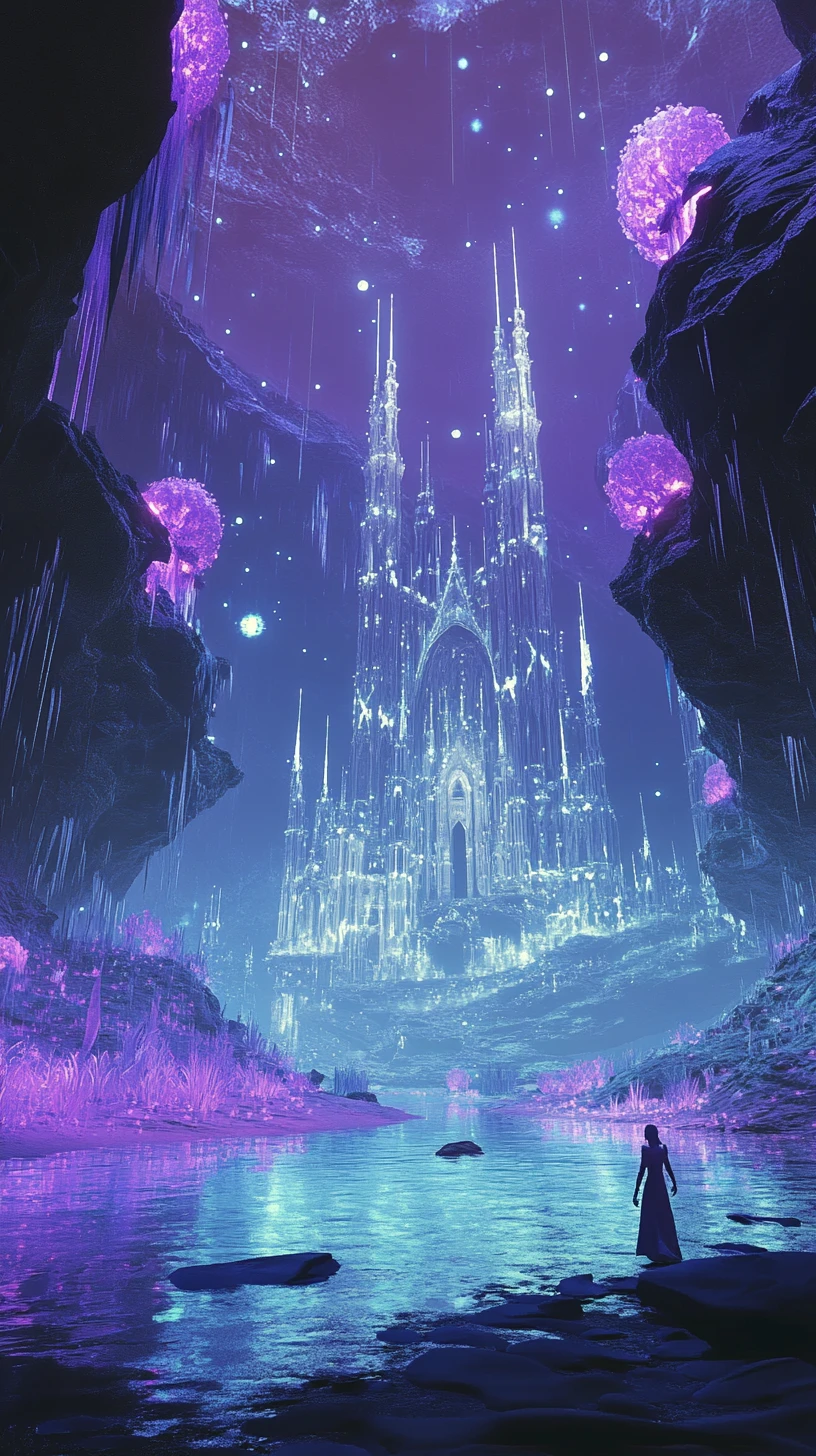 Elf by a mirror lake facing a floating marble cathedral