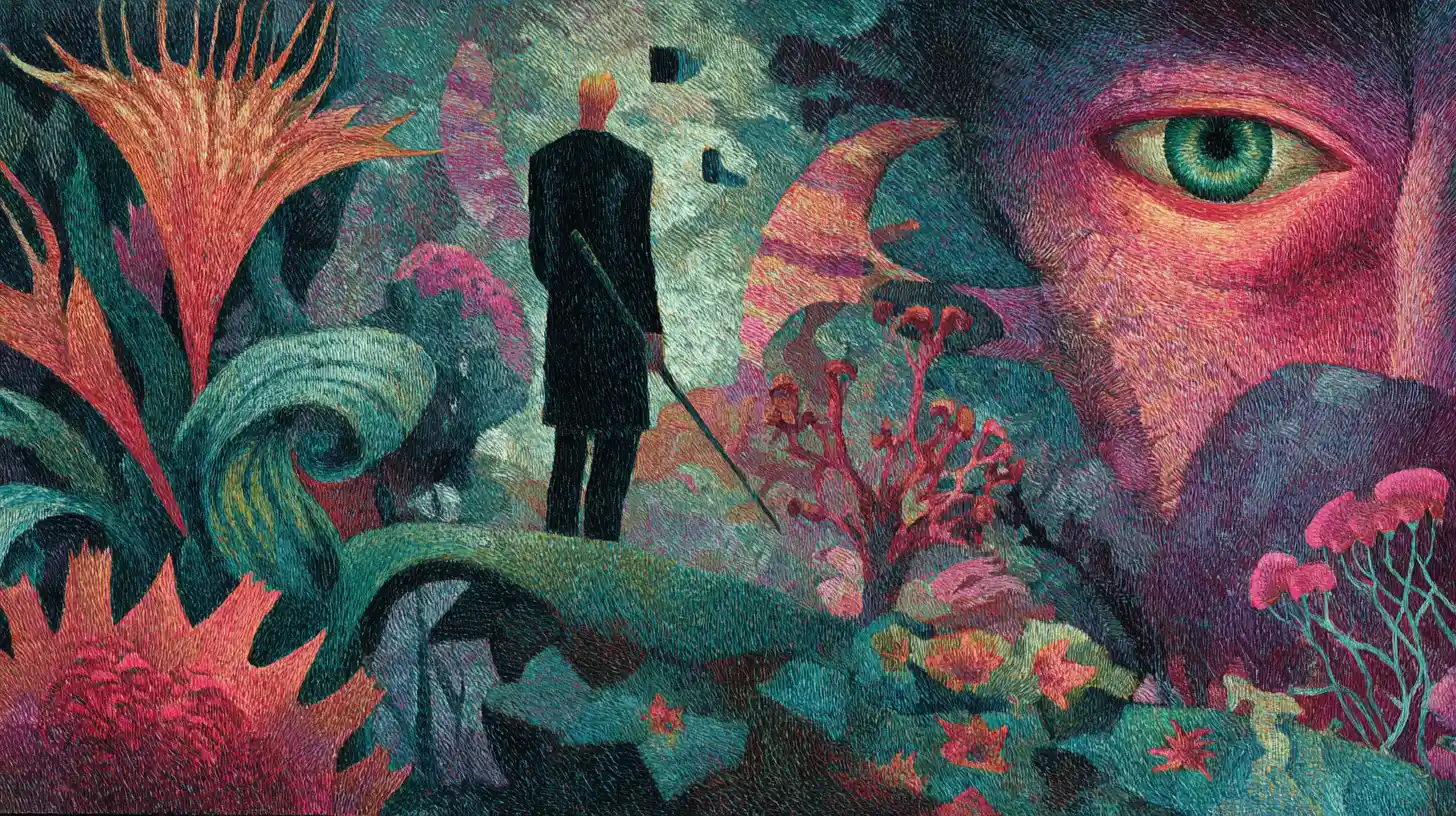 Surreal man in thorny flower garden with emerging face