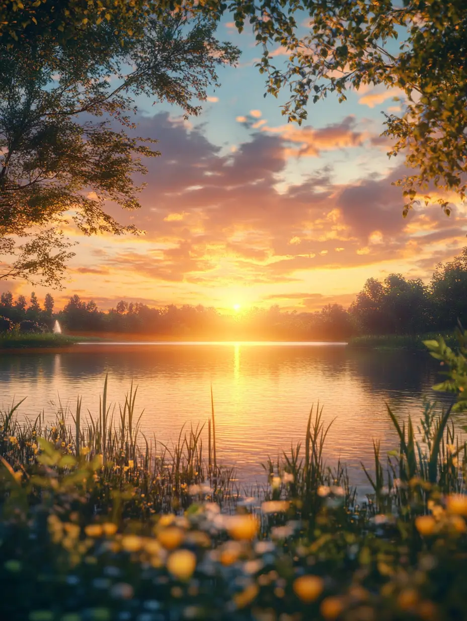 Serene sunset glowing over a peaceful reflective lake