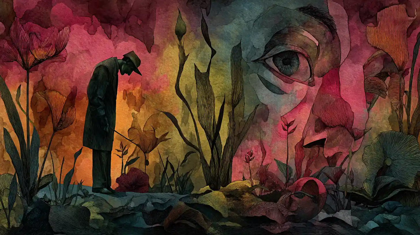 Surreal man in thorny garden over emerging female face