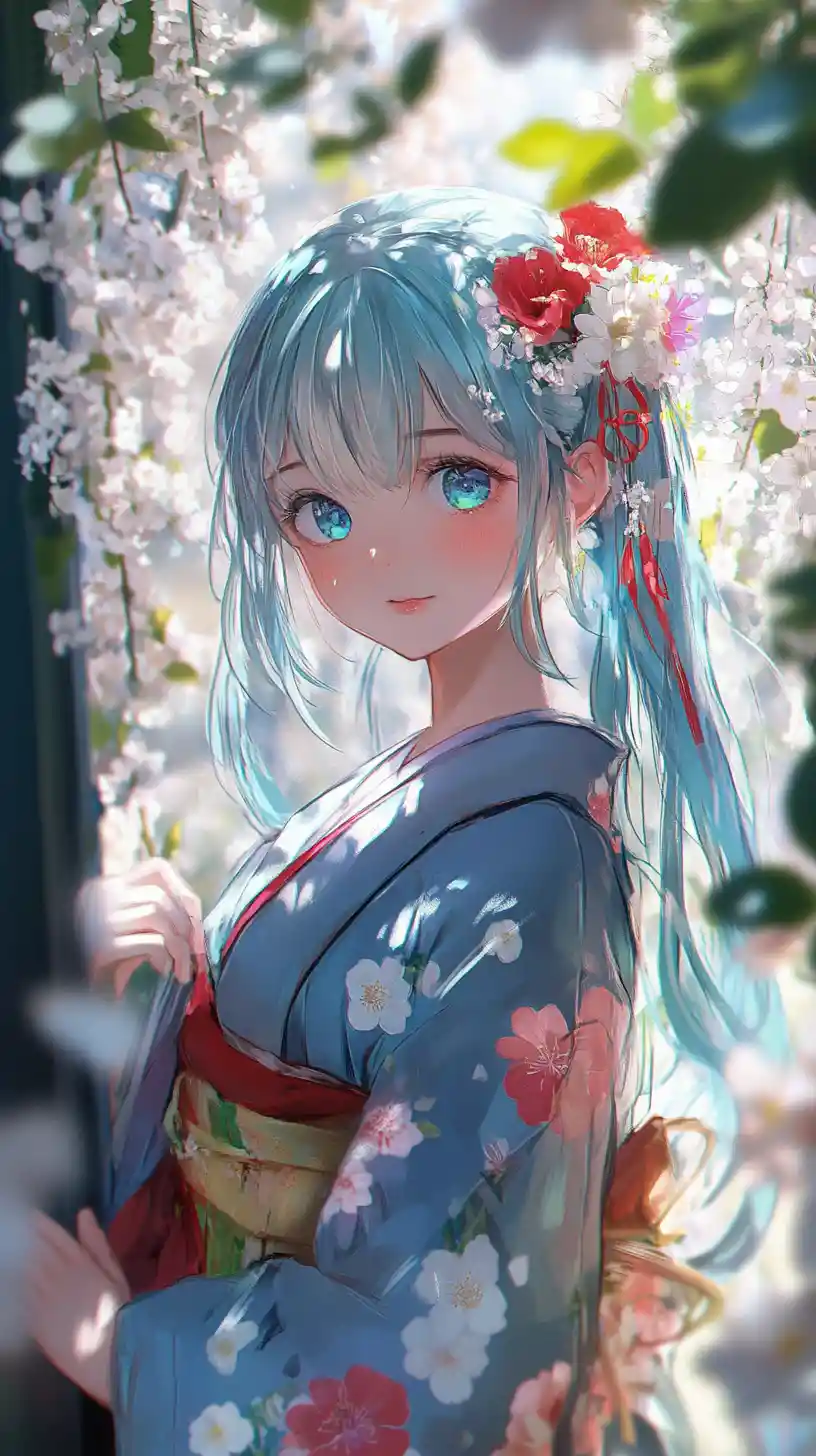 Blue haired anime girl in floral kimono holding flowers