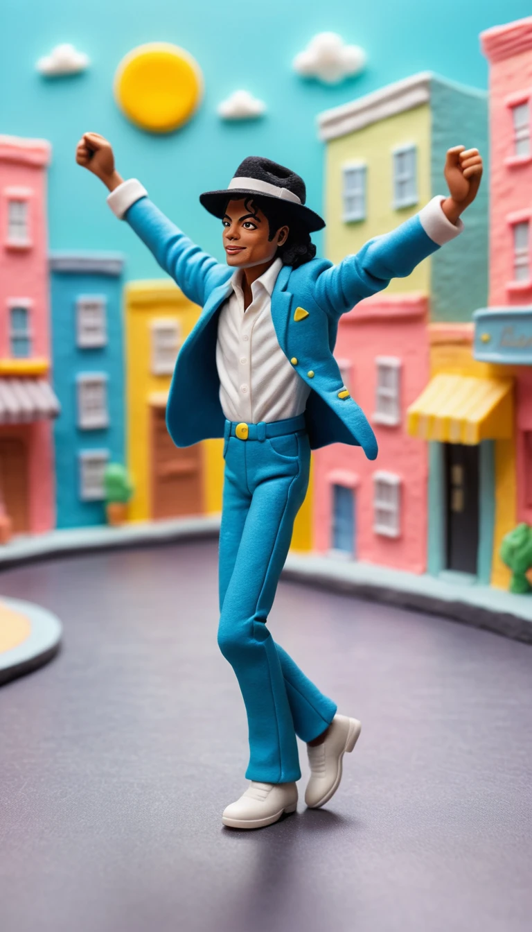 Claymation man performing a moonwalk in a bright city