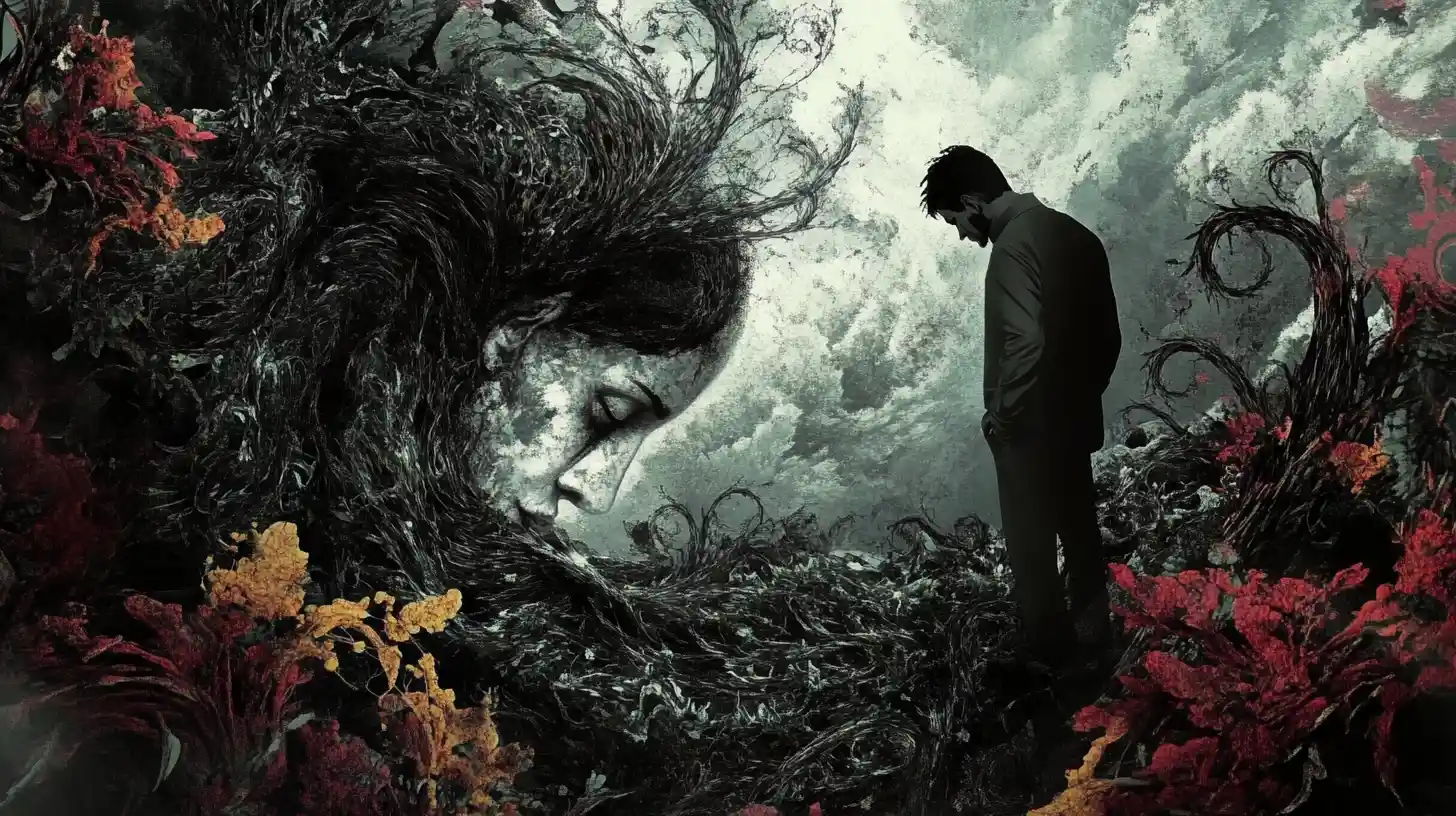 Surreal man in thorny flower garden with emerging face