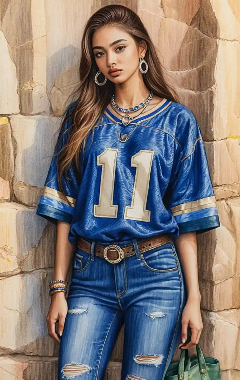 Giovane donna con maglia blu accanto a un muro di pietra illuminato dal sole