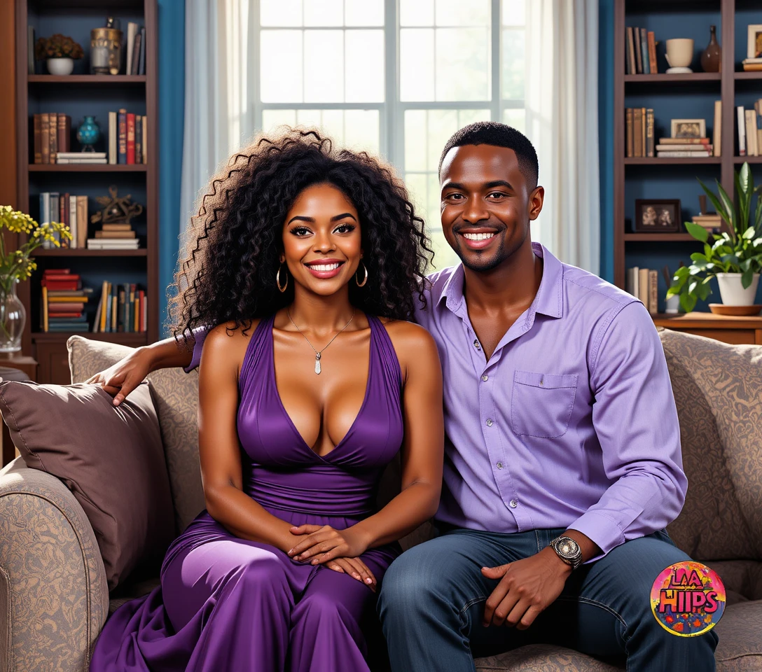 Afro American parents smiling together on living room sofa