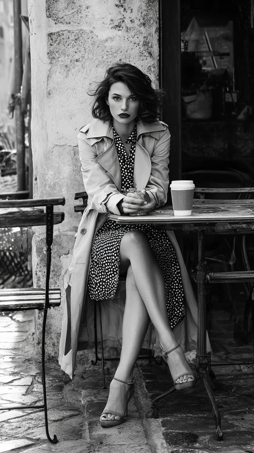 Elegante Frau im Trenchcoat an einem Tisch im Straßencafé