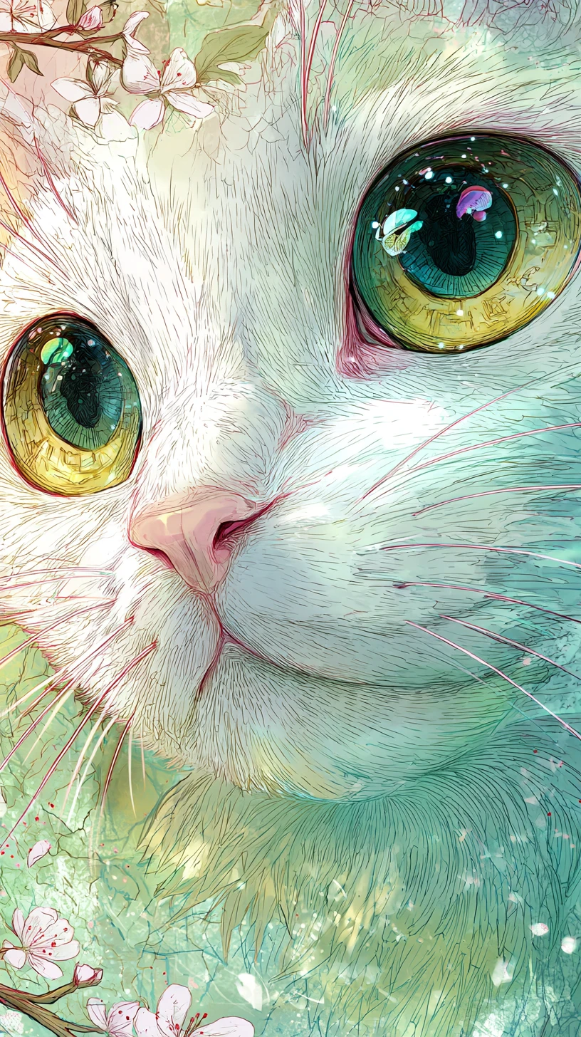 Whimsical baby neko spirit close up in watercolor ink