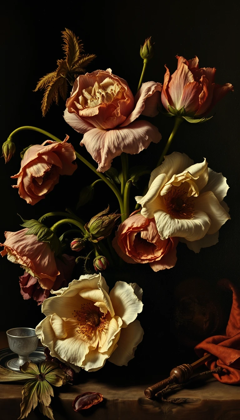 Dramatic still life with wilting flowers and deep shadows