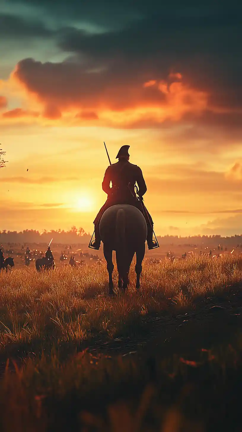 Napoleon on horseback overlooking a dramatic sunset battlefield