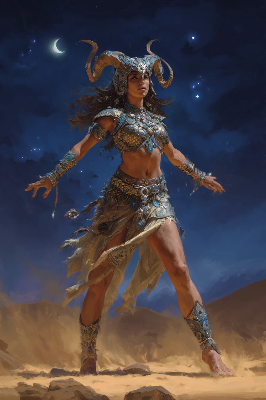 Gehörnter Fantasyfrau in Rüstung unter einem mondbeschienenen Wüstenhimmel