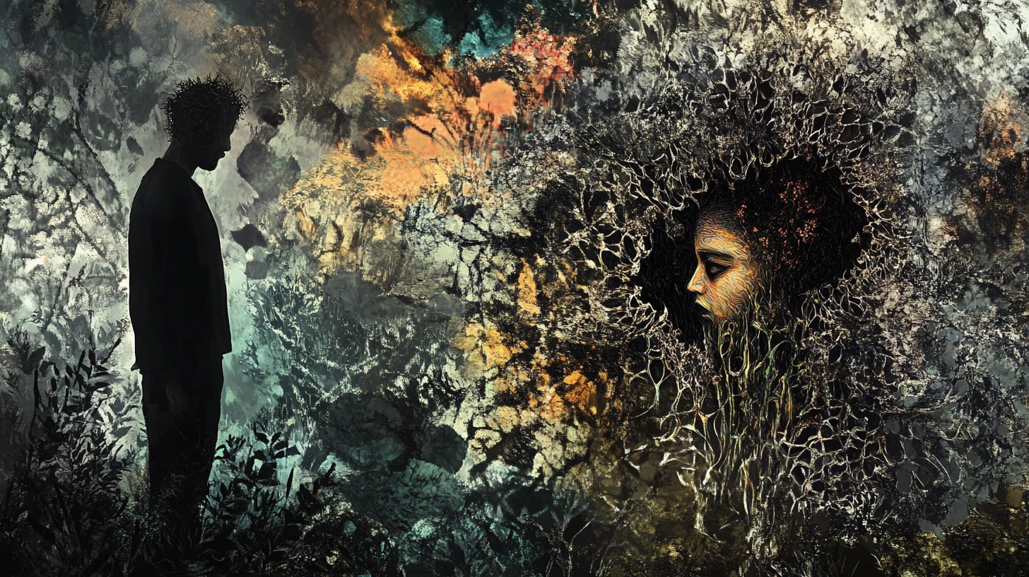Surreal man in thorny flower garden with emerging face