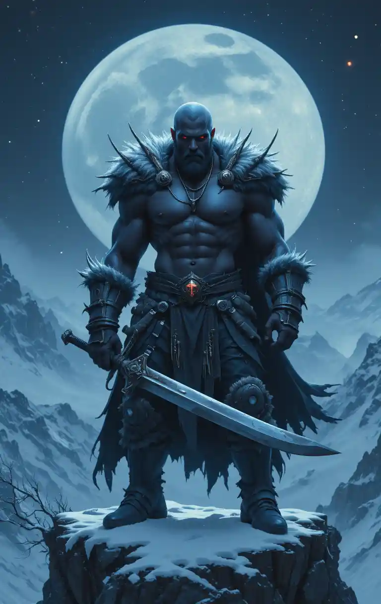 Dark warrior with glowing eyes on a snowy cliff under moonlight
