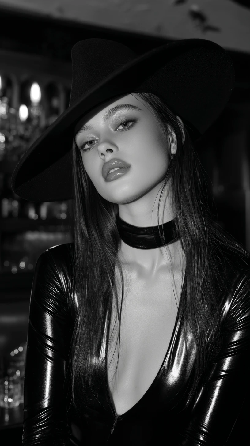 ドラマチックなモノクロで黒い帽子をかぶった魅惑的な女性のポートレート