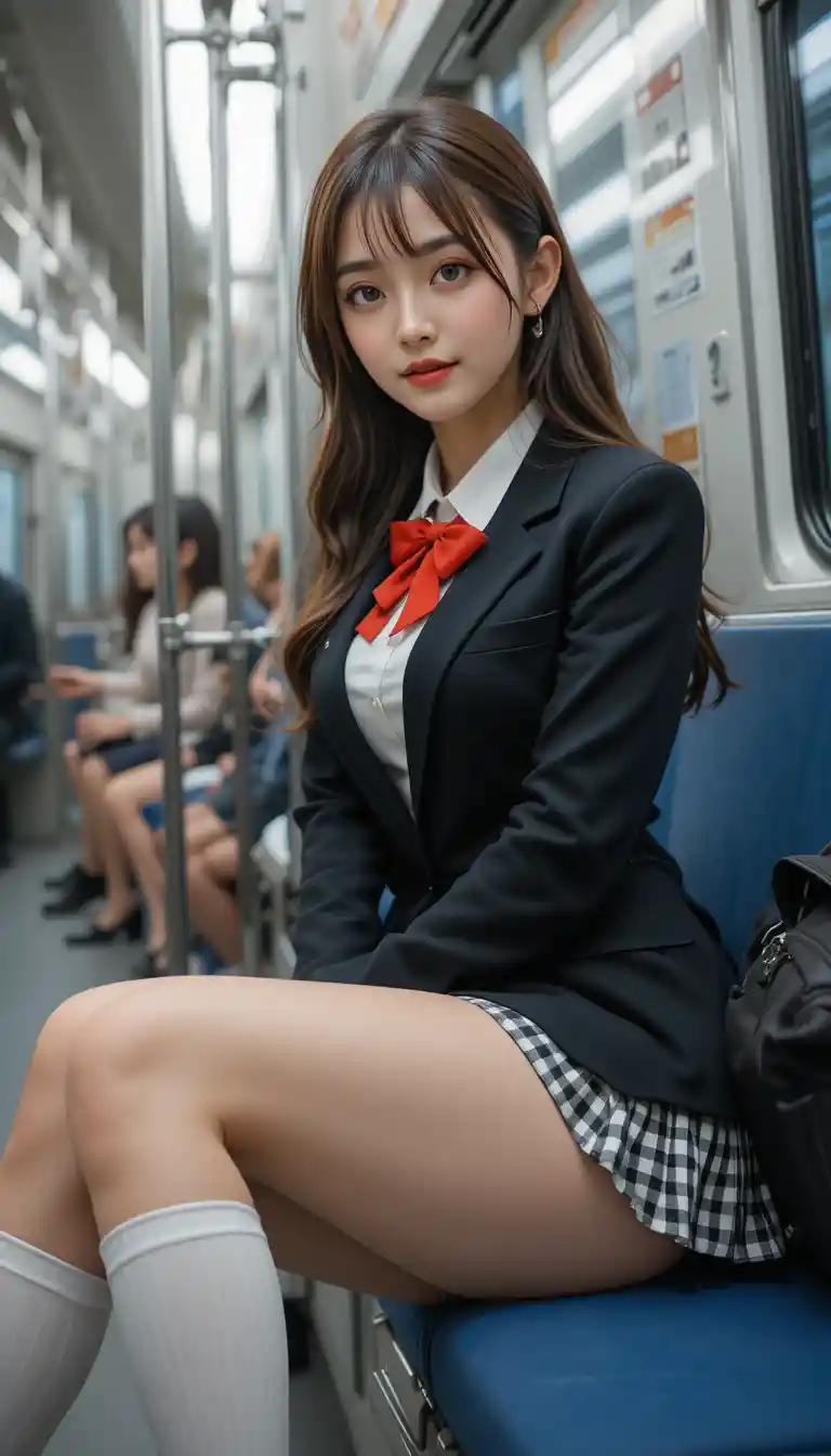Japanese schoolgirl sitting on a train seat in uniform