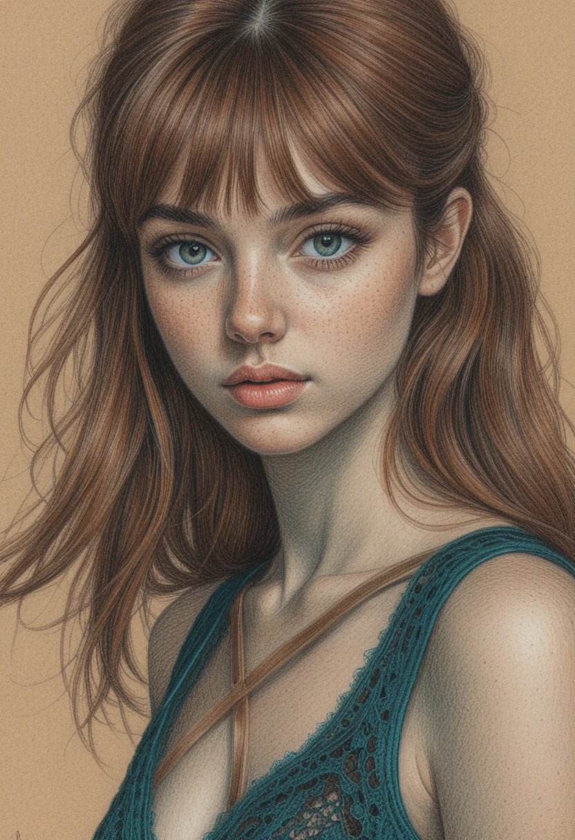 Colored pencil portrait of a freckled girl with brown eyes