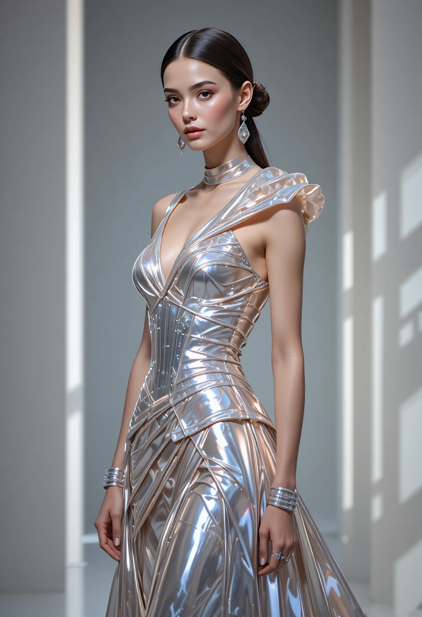 Reflective couture fashion illustration of an elegant female model