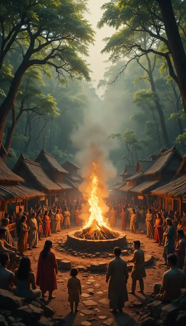 Villagers gathered around a blazing fire in forest huts
