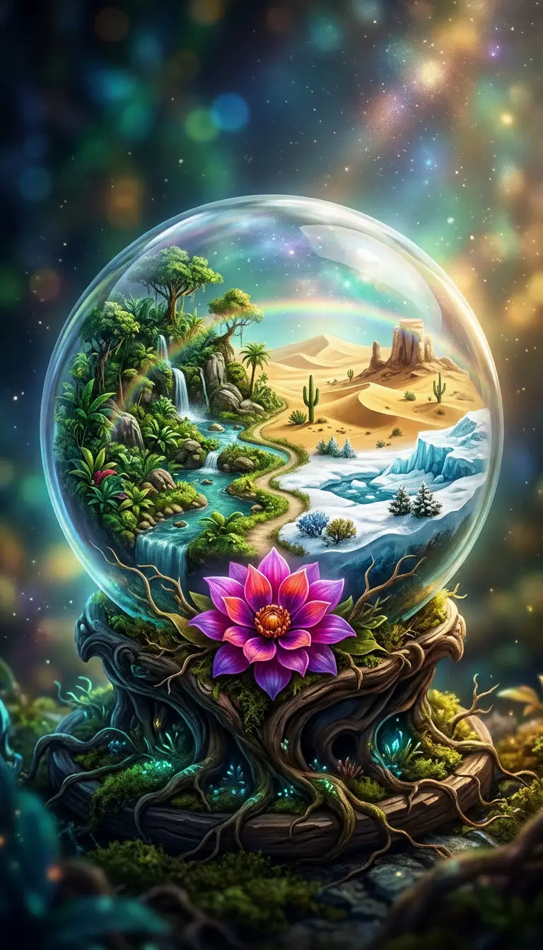 Fragile glass orb cradling diverse miniature earth landscapes