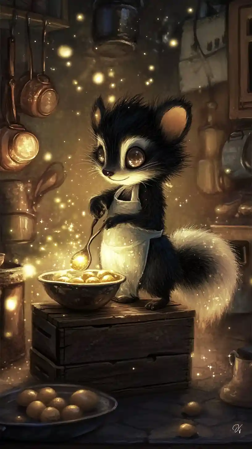 Cute skunk whisking golden eggs in a fairy tale kitchen