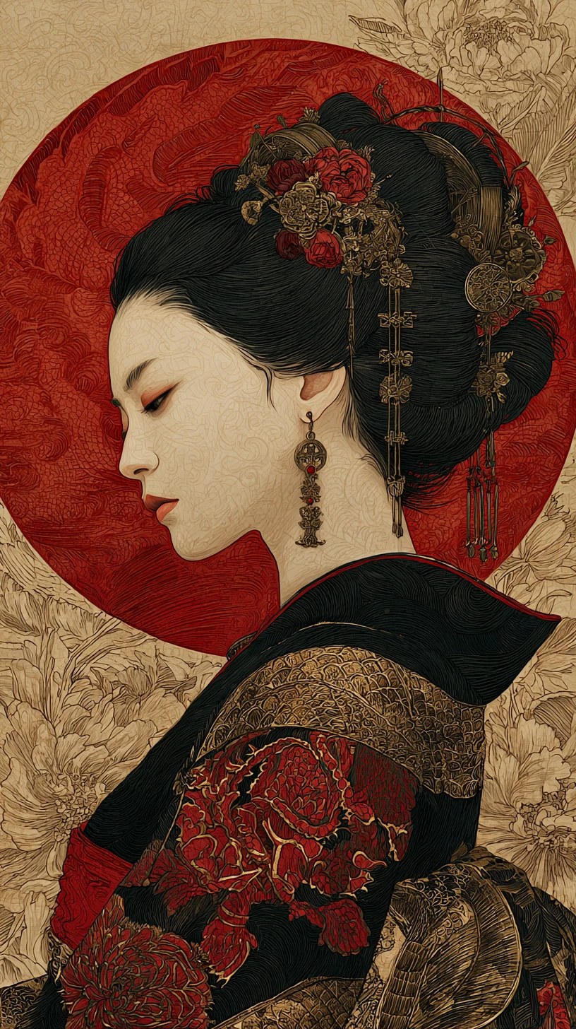 Elegant woman in kimono with red sun ink portrait