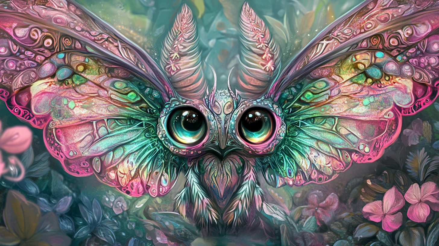 Colorful fairy creature with iridescent wings on floral backdrop