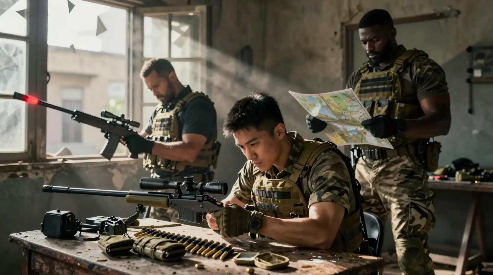 Soldier Cleaning Sniper Rifle In Ruined Urban Apartment
