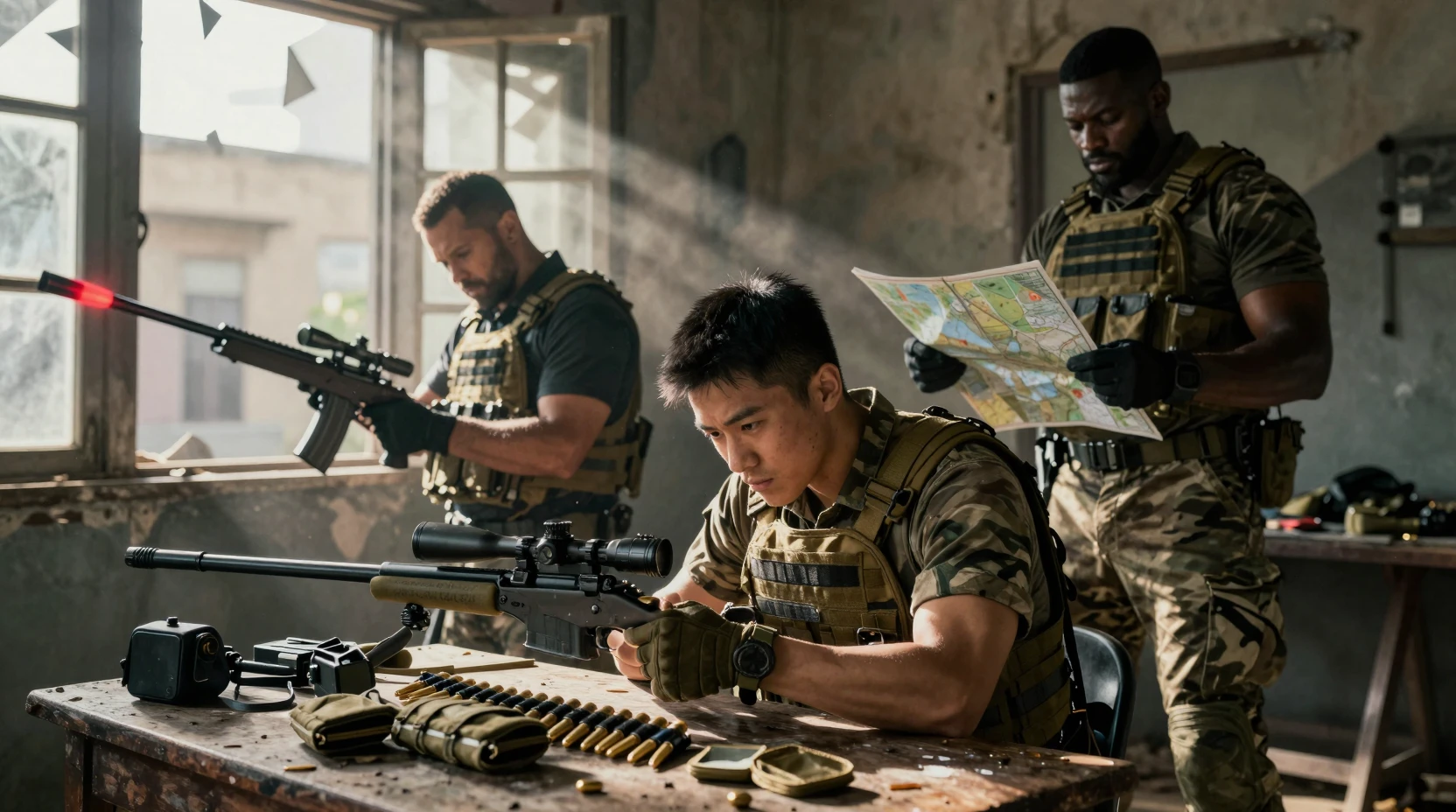 Soldier Cleaning Sniper Rifle In Ruined Urban Apartment