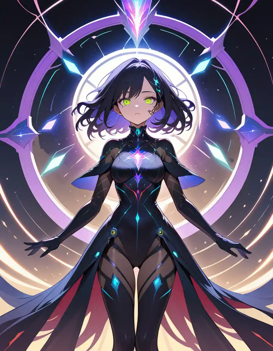 Cybernetic sorceress at the edge of a glowing void