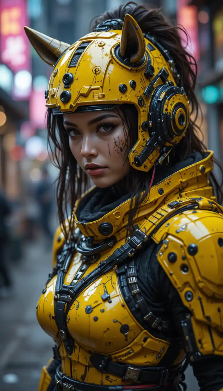 Cyberpunk-Nashorn-Göttin und Kriegerin in Neonrüstung