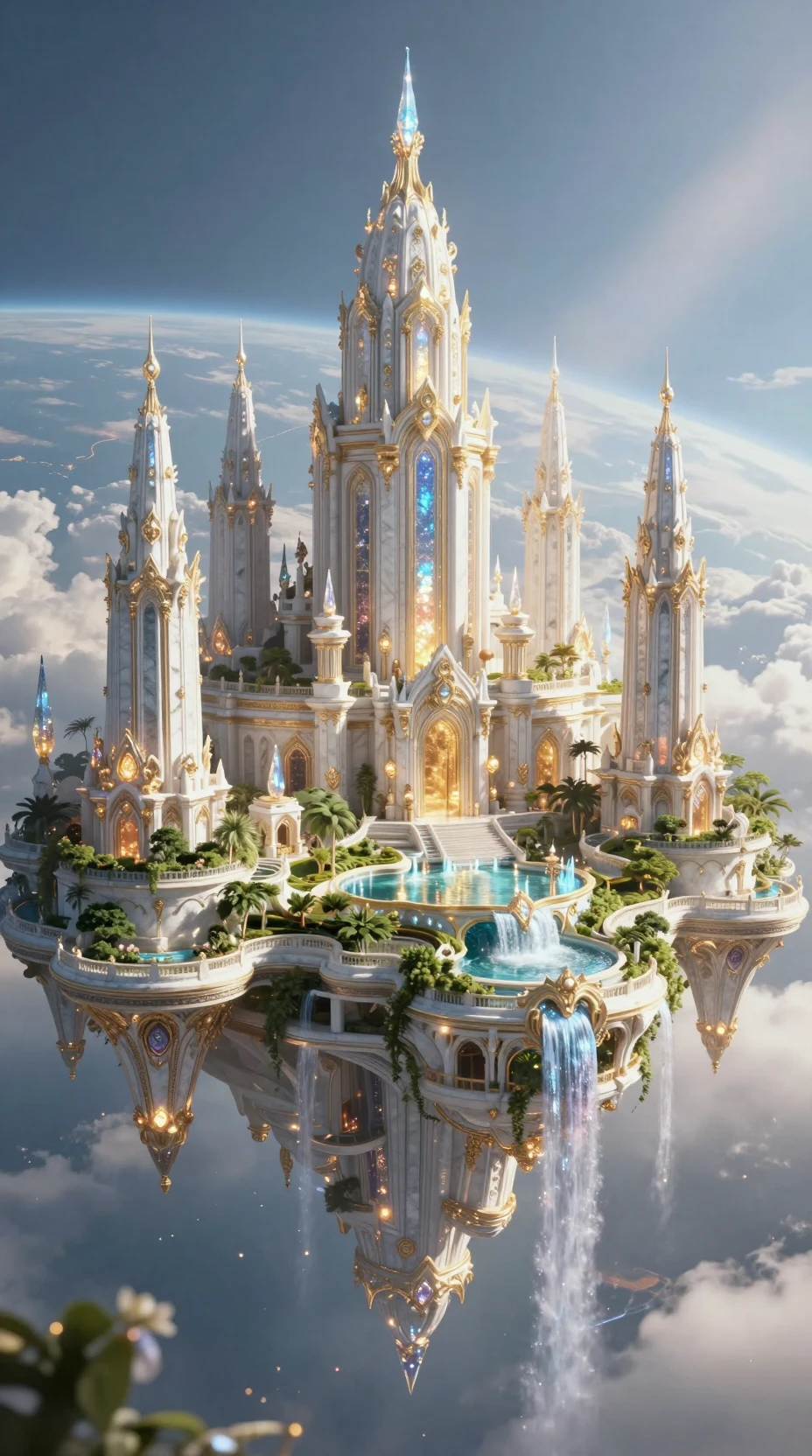 Majestic floating celestial city of gods above the planet