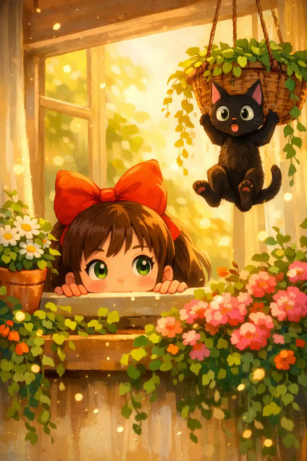 Girl with red bow peeking over a sunlit windowsill