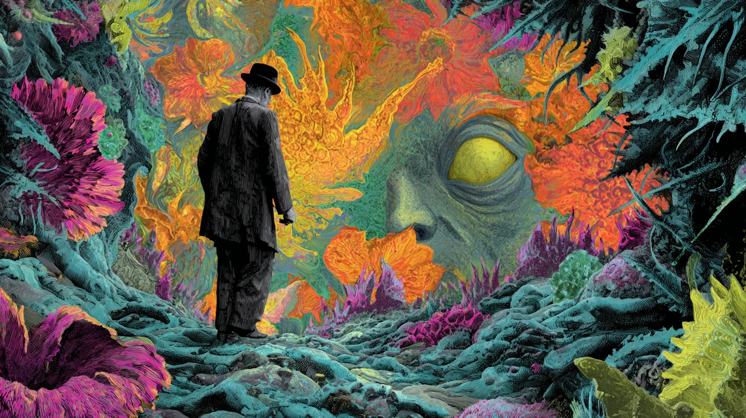 Hombre surrealista en jardín de flores espinosas con rostro emergente