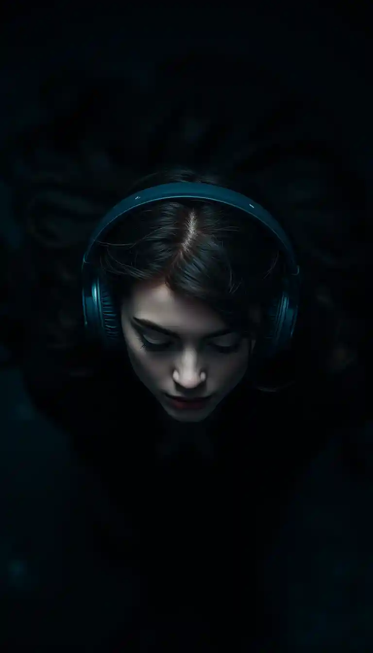Woman listening to headphones in a quiet introspective moment