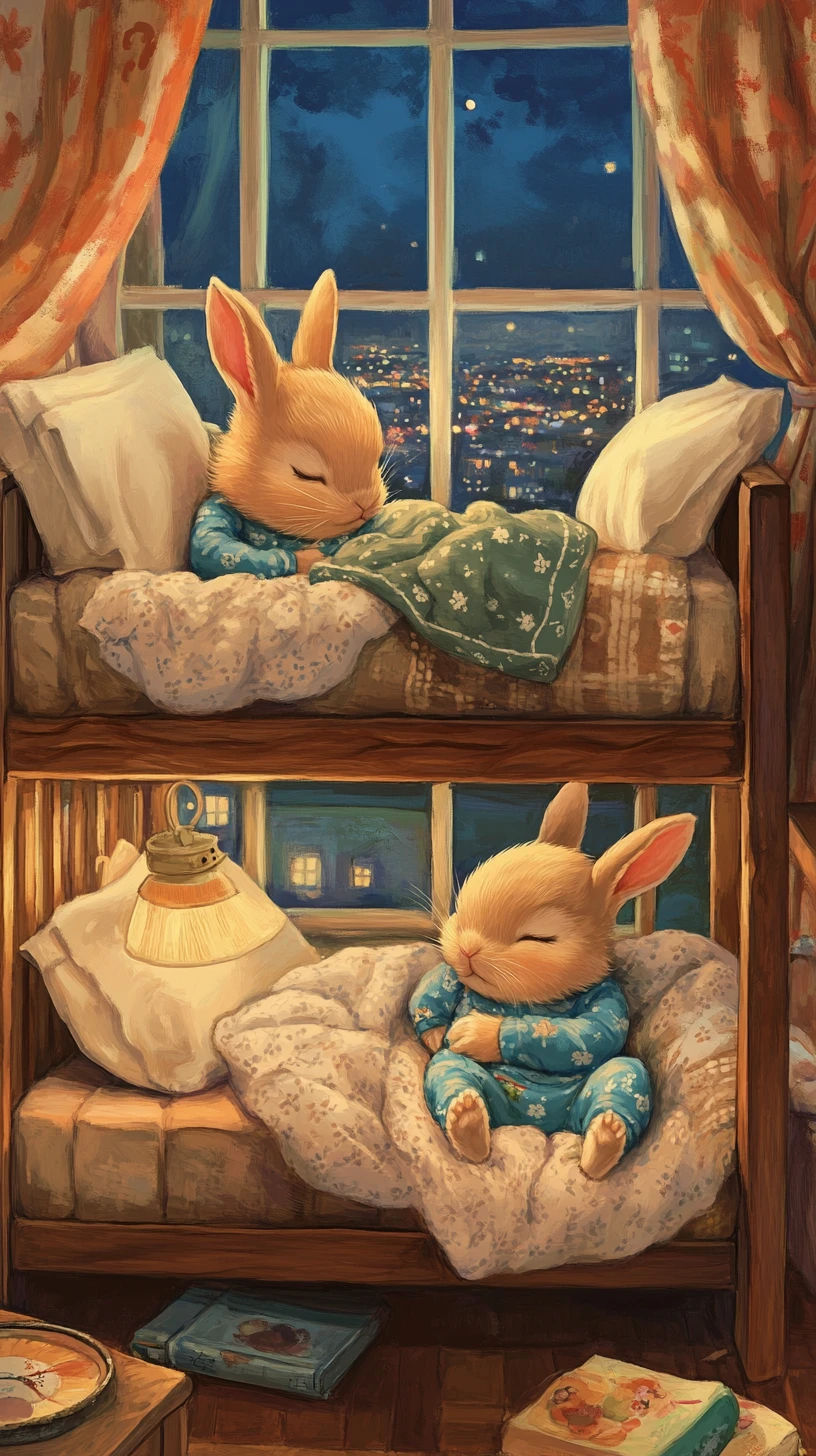 Two baby rabbits sleeping in a cozy bunk bed at night