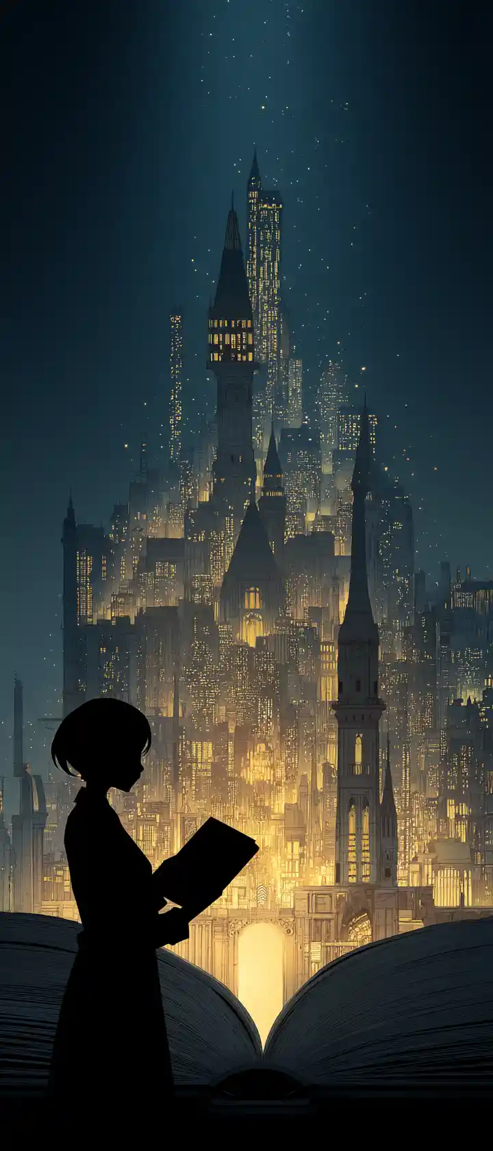 Anime-Bibliothekarin enthüllt eine leuchtende Stadt in einem offenen Buch