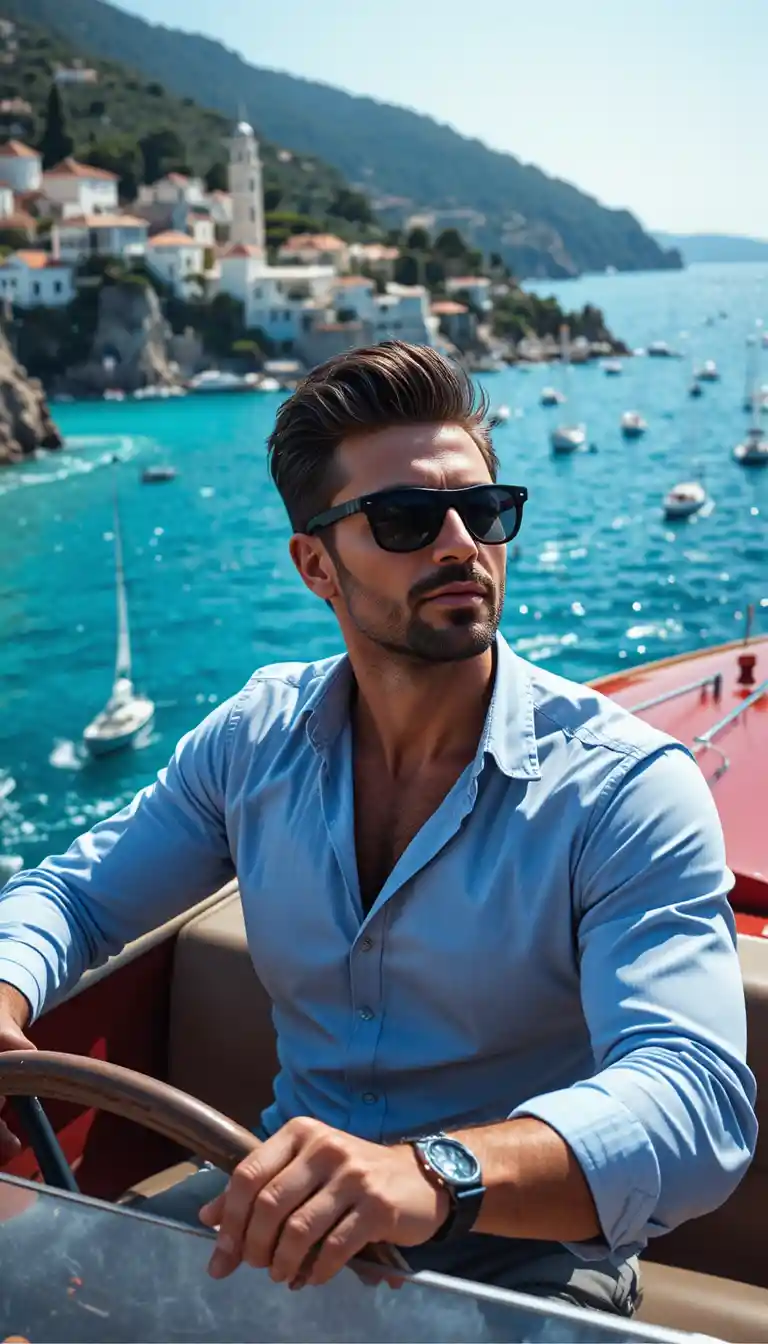 Man driving a red speedboat on a sunny coastline