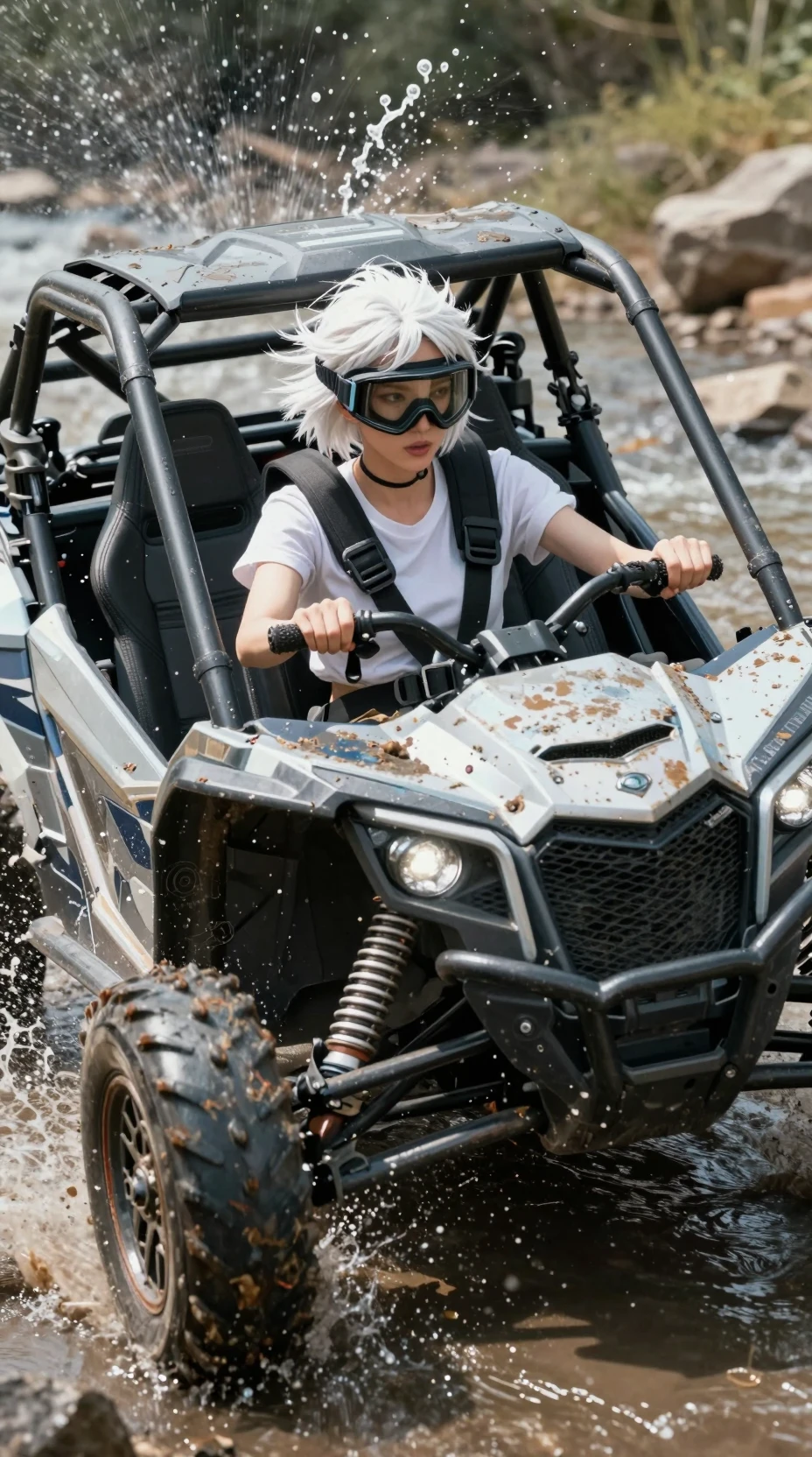 Young woman driving off road buggy through rushing stream
