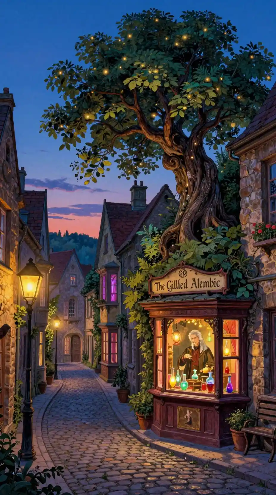 Enchanted alchemy shop on a winding cobblestone street