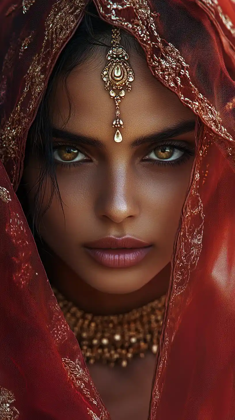 Mysterious Indian Woman In Red Veil With Golden Jewelry