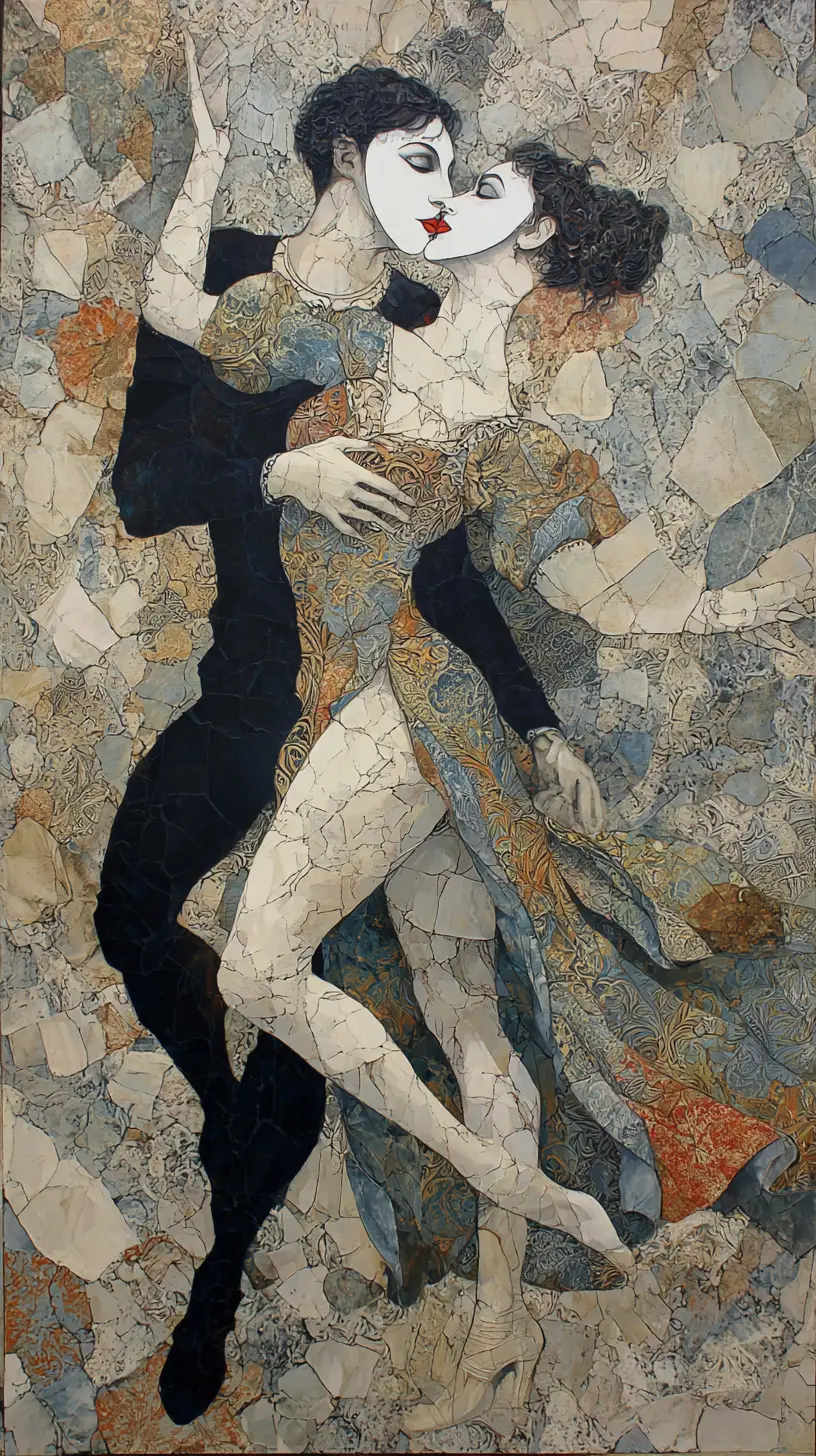 Masked couple in a surreal romantic dance with fluttering clothes